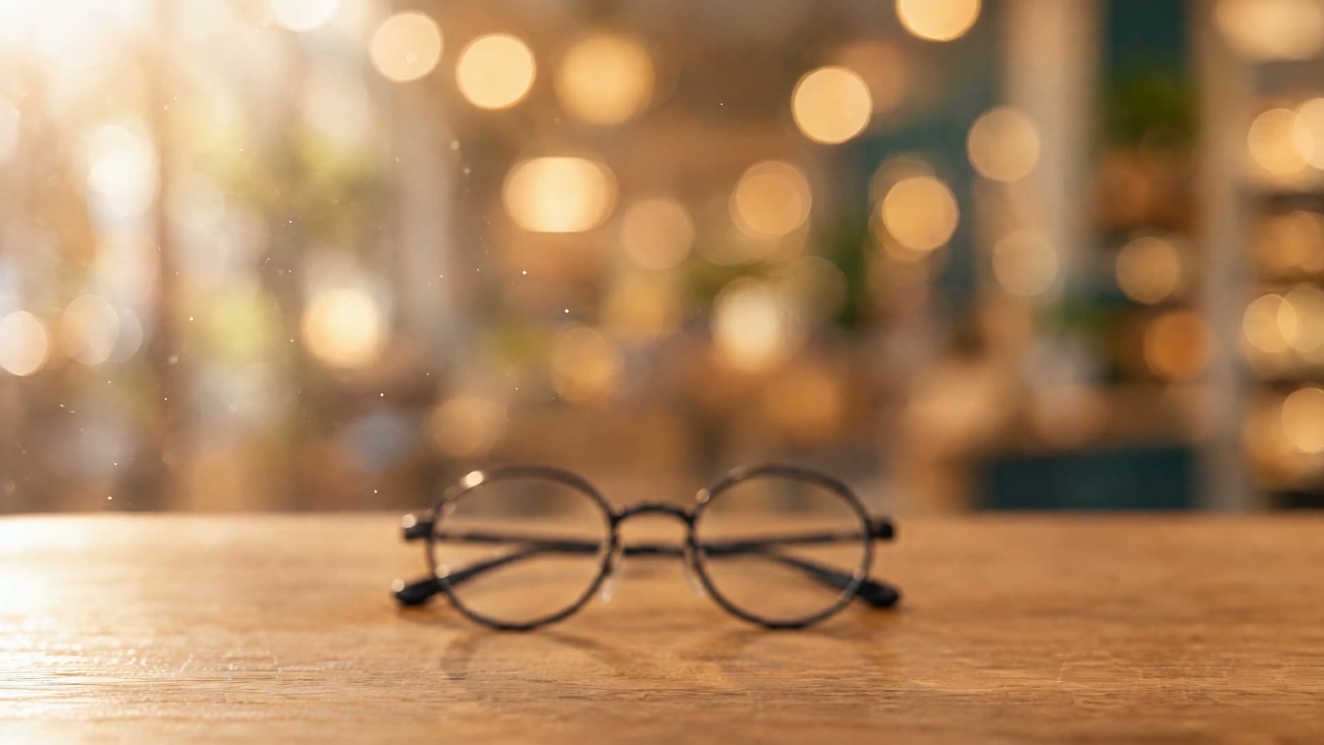 A pair of round glasses resting on a warm wooden counter in soft golden light