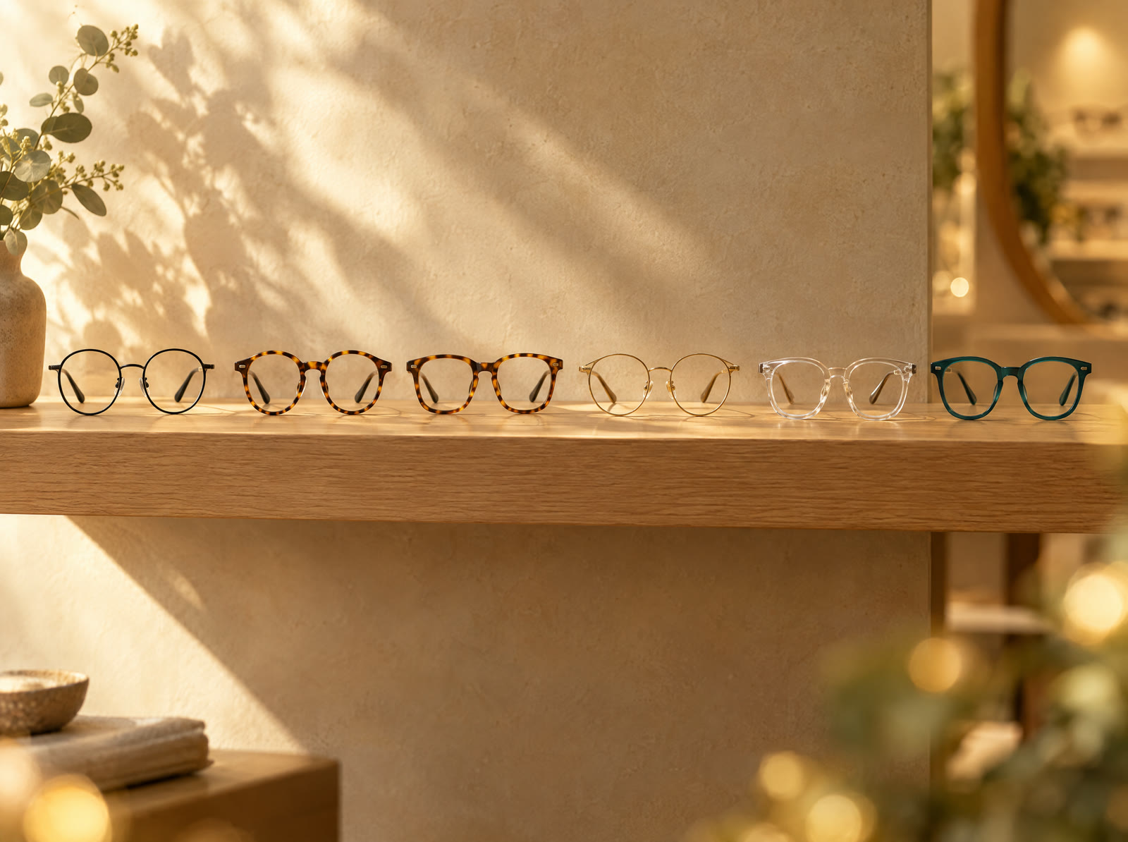 A wooden shelf of eyeglass frames in warm light